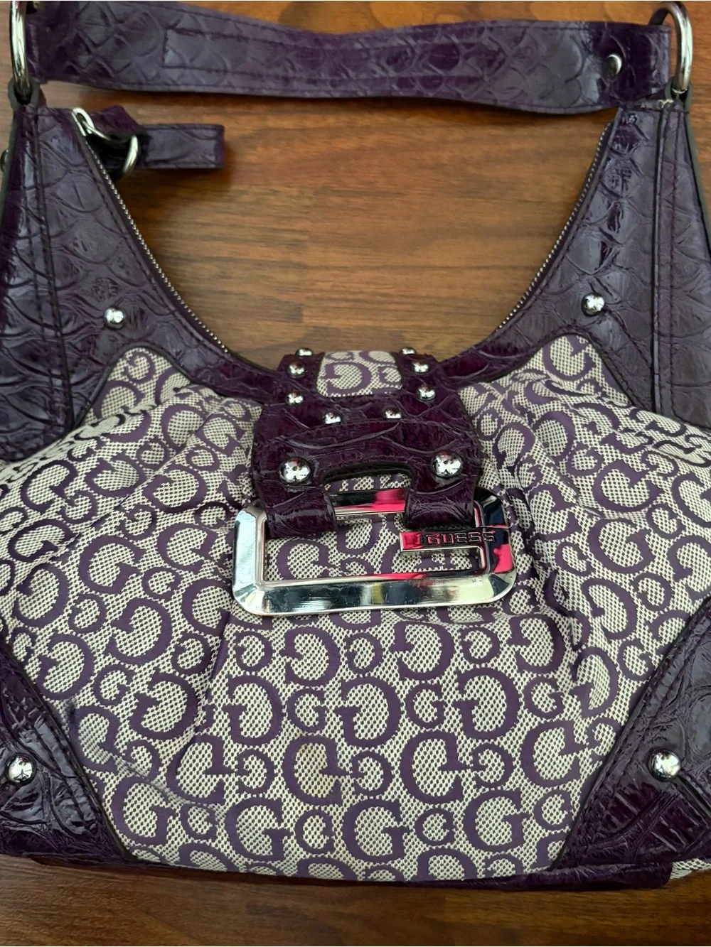 GUESS Vintage Y2K Hobo Baguette Monogram Purple Shoulder Bag Rare 2000s USA Cute